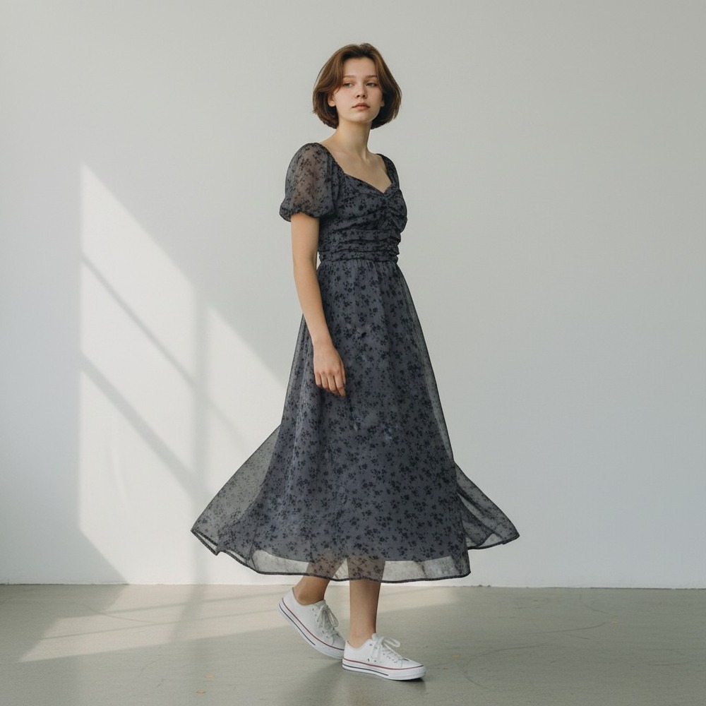 Hollister Blue Floral Midi‎ Dress Womens S Smocked Ruched Puff Sleeve Coquette